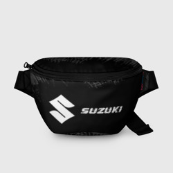 Поясная сумка 3D Suzuki Speed на темном фоне со следами шин: надпись и символ