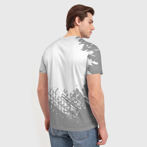 Мужская футболка 3D с принтом Genesis Speed на светлом фоне со следами шин: символ сверху, вид сзади #2