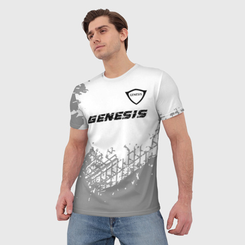 Мужская футболка 3D с принтом Genesis Speed на светлом фоне со следами шин: символ сверху, фото на моделе #1