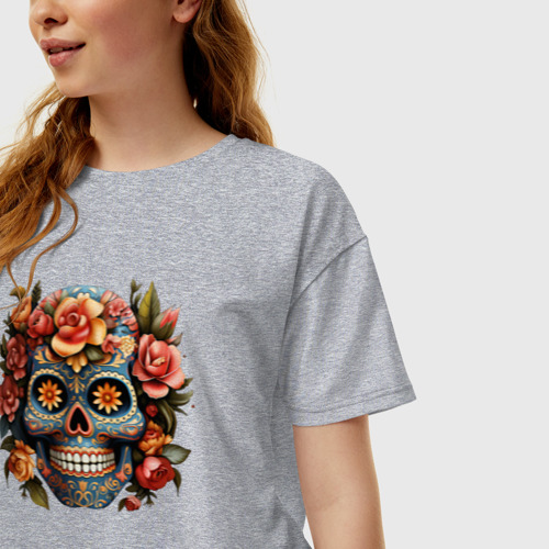 Женская футболка хлопок Oversize Аттрактивный мексиканский череп, цвет меланж - фото 3