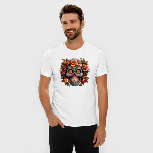 Мужская футболка хлопок Slim Аттрактивный мексиканский череп, цвет белый - фото 3