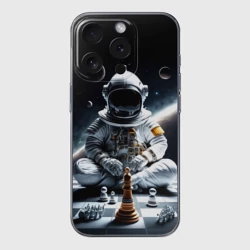 Чехол для iPhone 15 Pro силиконовый с защитой камеры Космонавт и шахматы