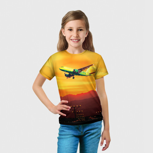 Детская футболка 3D S7 Боинг 737 Оранжевый закат, цвет 3D печать - фото 5