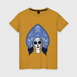 Череп мексиканский в кокошнике – Женская футболка хлопок с принтом купить со скидкой в -20%