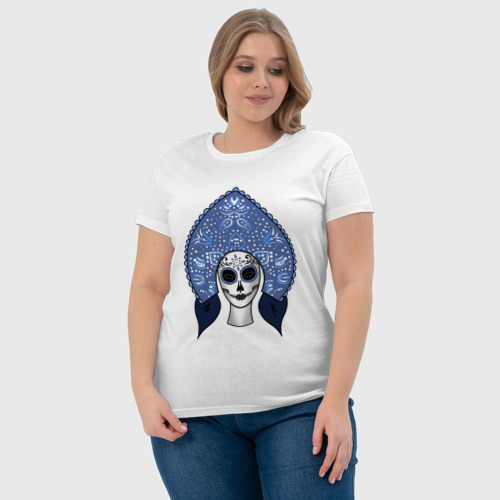 Женская футболка хлопок Череп мексиканский в кокошнике, цвет белый - фото 6