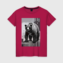 Женская футболка хлопок Могучий медвежара в городе - нейросеть