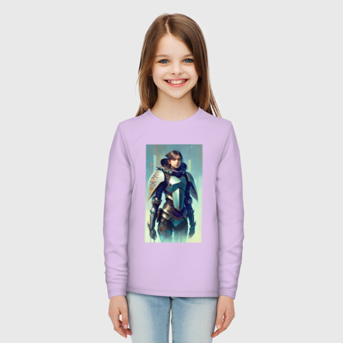 Детский лонгслив хлопок с принтом Крутая девчонка-рыцарь - готика - нейросеть, вид сбоку #3
