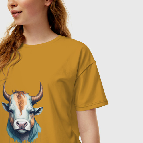 Женская футболка хлопок Oversize Модный бык, цвет горчичный - фото 3