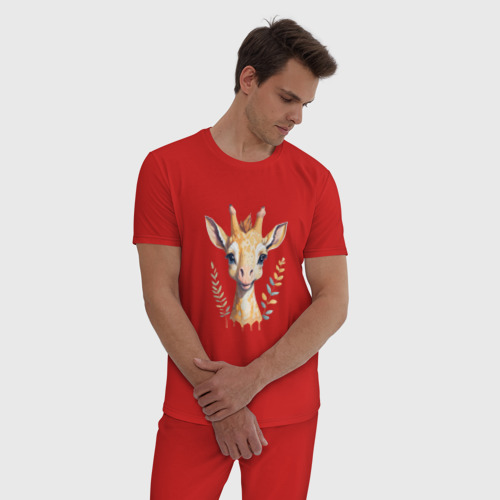Мужская пижама хлопок Милый жираф, цвет красный - фото 3
