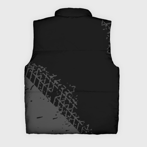 Мужской жилет утепленный 3D с принтом Geely speed на темном фоне со следами шин: надпись, символ, вид сзади #1