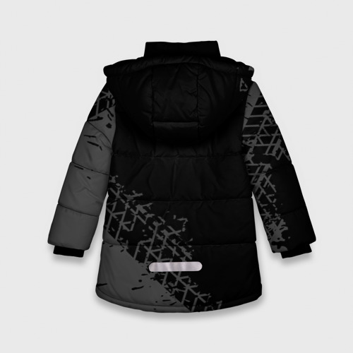Зимняя куртка для девочек 3D с принтом Geely speed на темном фоне со следами шин: надпись, символ, вид сзади #1