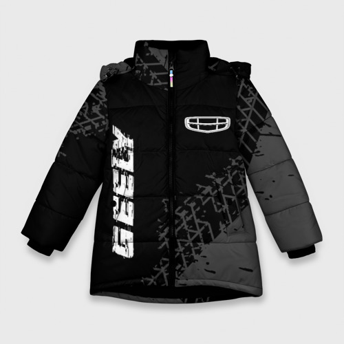 Зимняя куртка для девочек 3D с принтом Geely speed на темном фоне со следами шин: надпись, символ, вид спереди #2