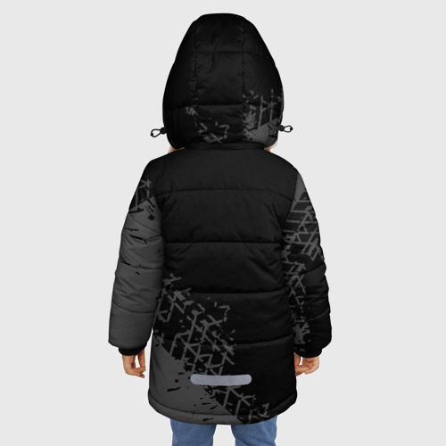 Зимняя куртка для девочек 3D с принтом Geely speed на темном фоне со следами шин: надпись, символ, вид сзади #2