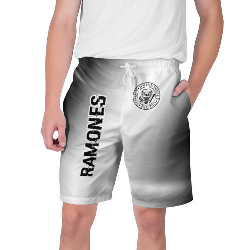 Мужские шорты 3D с принтом Ramones glitch на светлом фоне: надпись, символ, вид спереди #2