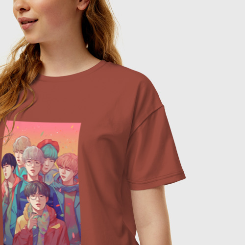 Женская футболка хлопок Oversize BTS art anime, цвет кирпичный - фото 3