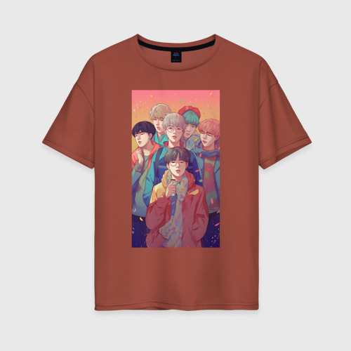 Женская футболка хлопок Oversize BTS art anime, цвет кирпичный