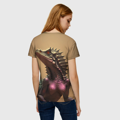 Женская футболка 3D с принтом Ящерица в городе, вид сзади #2
