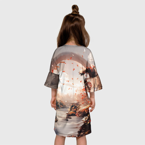 Детское платье 3D с принтом Японская девушка при закате солнца, вид сзади #2