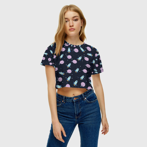 Женская футболка Crop-top 3D Ракета и планета, цвет 3D печать - фото 4