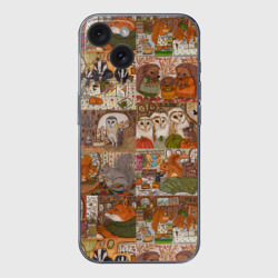 Чехол для iPhone 15 силиконовый с защитой камеры Коллаж из сказочных зверей - совы, белки, ёжики