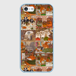 Чехол для iPhone 5/5S матовый Коллаж из сказочных зверей - совы, белки, ёжики