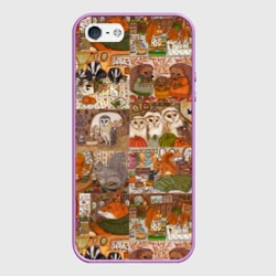 Чехол для iPhone 5/5S матовый Коллаж из сказочных зверей - совы, белки, ёжики