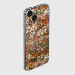 Чехол для iPhone 15 силиконовый с защитой камеры Коллаж из сказочных зверей - совы, белки, ёжики - фото 2