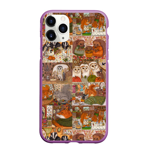 Чехол для iPhone 11 Pro Max матовый Коллаж из сказочных зверей - совы, белки, ёжики, цвет фиолетовый