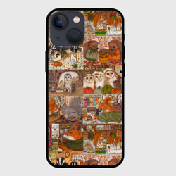 Чехол для iPhone 13 mini Коллаж из сказочных зверей - совы, белки, ёжики
