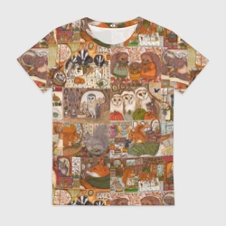 Женская футболка 3D Коллаж из сказочных зверей - совы, белки, ёжики