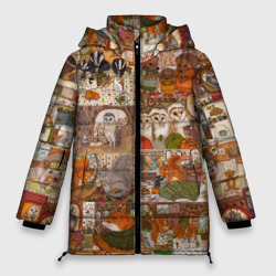 Женская зимняя куртка Oversize Коллаж из сказочных зверей - совы, белки, ёжики