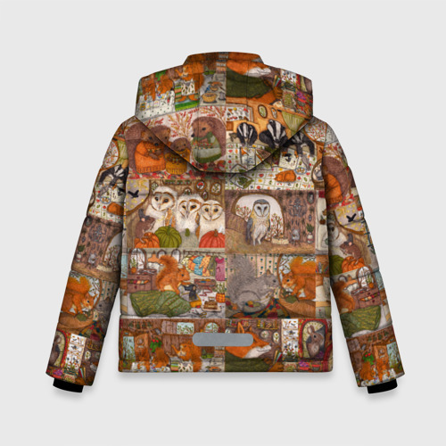 Зимняя куртка для мальчиков 3D с принтом Коллаж из сказочных зверей - совы, белки, ёжики, вид сзади #1