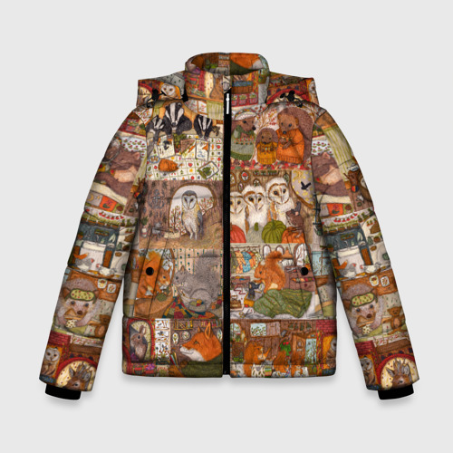 Зимняя куртка для мальчиков 3D с принтом Коллаж из сказочных зверей - совы, белки, ёжики, вид спереди #2