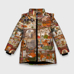 Зимняя куртка для девочек 3D Коллаж из сказочных зверей - совы, белки, ёжики