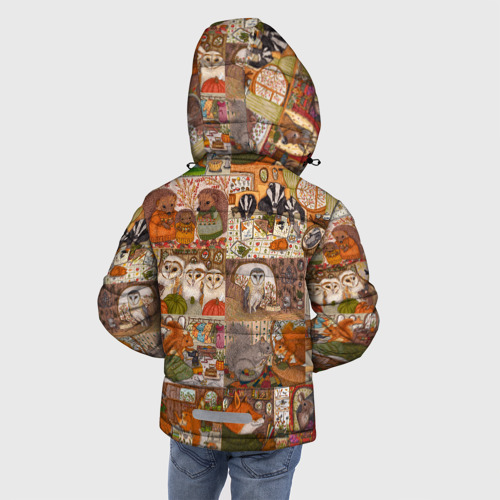 Зимняя куртка для мальчиков 3D с принтом Коллаж из сказочных зверей - совы, белки, ёжики, вид сзади #2