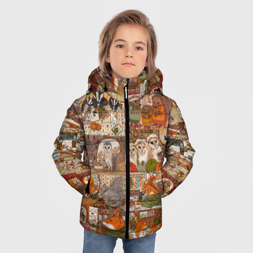Зимняя куртка для мальчиков 3D с принтом Коллаж из сказочных зверей - совы, белки, ёжики, фото на моделе #1
