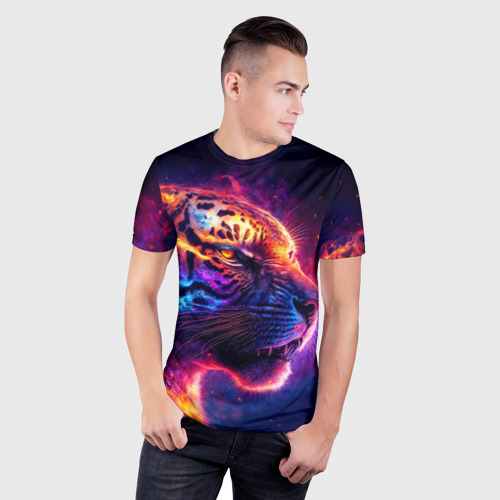 Мужская футболка 3D Slim с принтом Космический звездный тигр, фото на моделе #1
