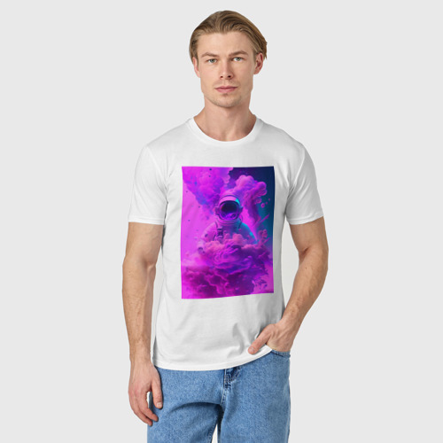 Мужская футболка хлопок Астронавт в цветном космическом тумане, цвет белый - фото 3