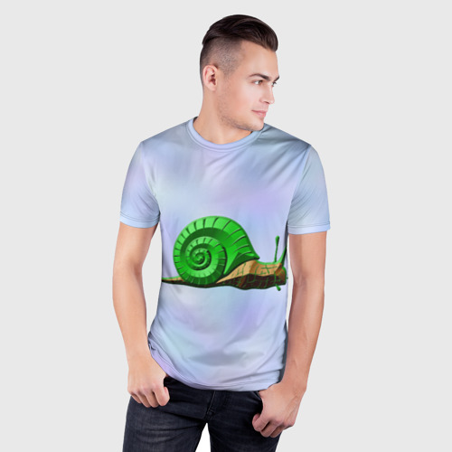 Мужская футболка 3D Slim с принтом Улитка с зеленой раковиной, фото на моделе #1