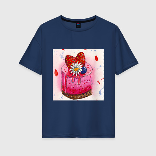Женская футболка хлопок Oversize с принтом Пирожное с клубникой, вид спереди #2