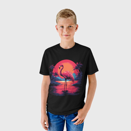 Детская футболка 3D с принтом Розовый фламинго среди пальм, фото на моделе #1