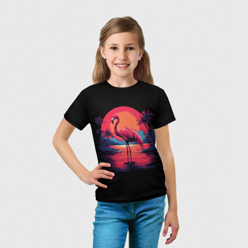 Детская футболка 3D с принтом Розовый фламинго среди пальм, вид сбоку #3