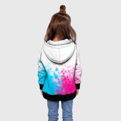 Толстовка с принтом DanMachi neon gradient style: символ сверху для ребенка, вид на модели сзади №2. Цвет основы: черный