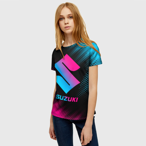 Женская футболка 3D с принтом Suzuki - neon gradient, фото на моделе #1