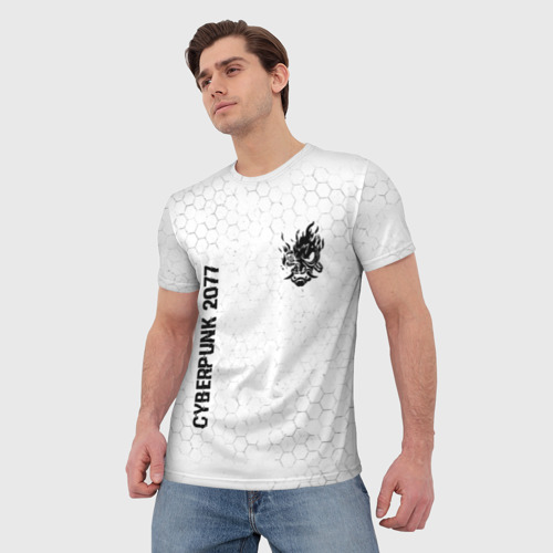 Мужская футболка 3D с принтом Cyberpunk 2077 glitch на светлом фоне: надпись, символ, фото на моделе #1