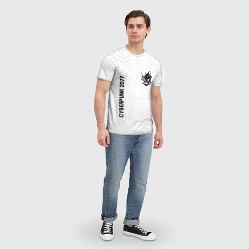 Мужская футболка 3D с принтом Cyberpunk 2077 glitch на светлом фоне: надпись, символ, вид сбоку #3