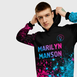 Толстовка с принтом Marilyn Manson - neon gradient: символ сверху для мужчины, вид на модели спереди №3. Цвет основы: черный