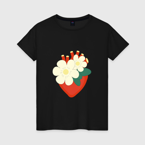 Женская футболка хлопок с принтом Анатомическое сердце в цветах и листьях, вид спереди #2
