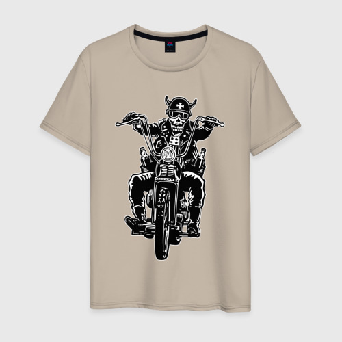 Мужская футболка хлопок Skull biker with beer, цвет миндальный