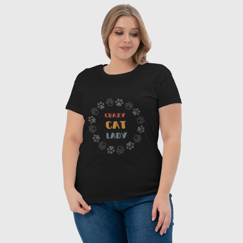 Женская футболка хлопок с принтом Смешная надпись crazy cat lady, фото #4
